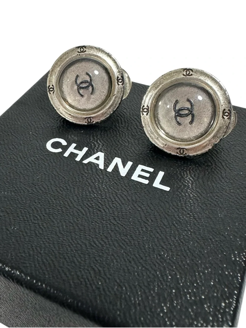Chanel Silver Button & Black CC 99P Clip On Earrings with Box